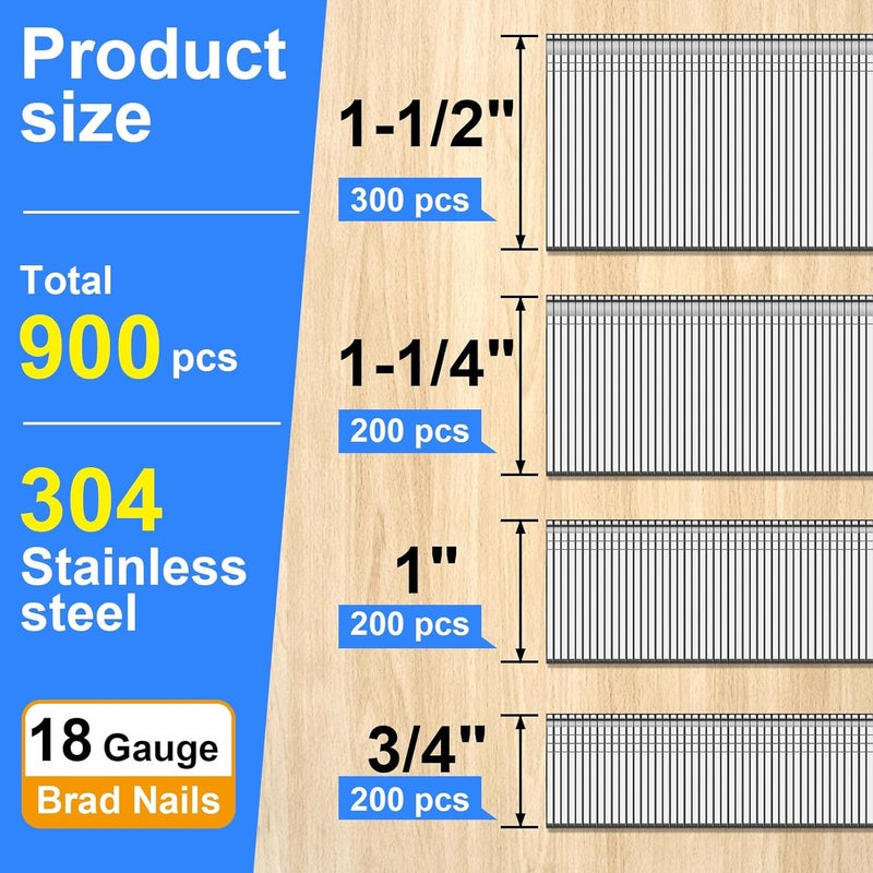 SimCos 18 Gauge 304 Stainless Steel Brad Nails 18 GA Nail Gun Nails Assorted and Small Finishing Nails for Pneumatic, Electric Brad Nailer (3/4"+1"+1-1/4"+1-1/2"-900 pcs) - Image 2